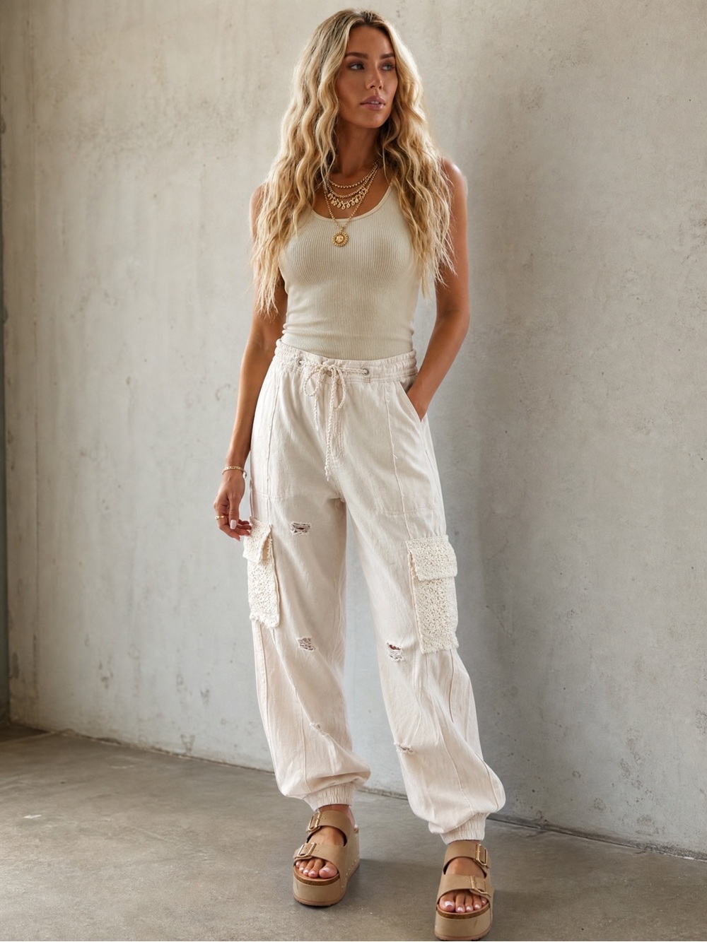 NWT POL Clothing Distressed Patchwork Boho Crochet Jogger Pants Almond Milk